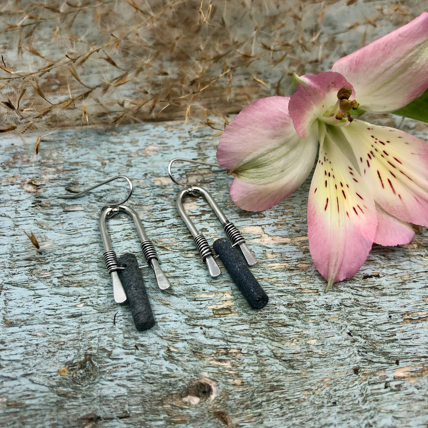 Wire Wrapped Cylindrical Beach Stone Earrings