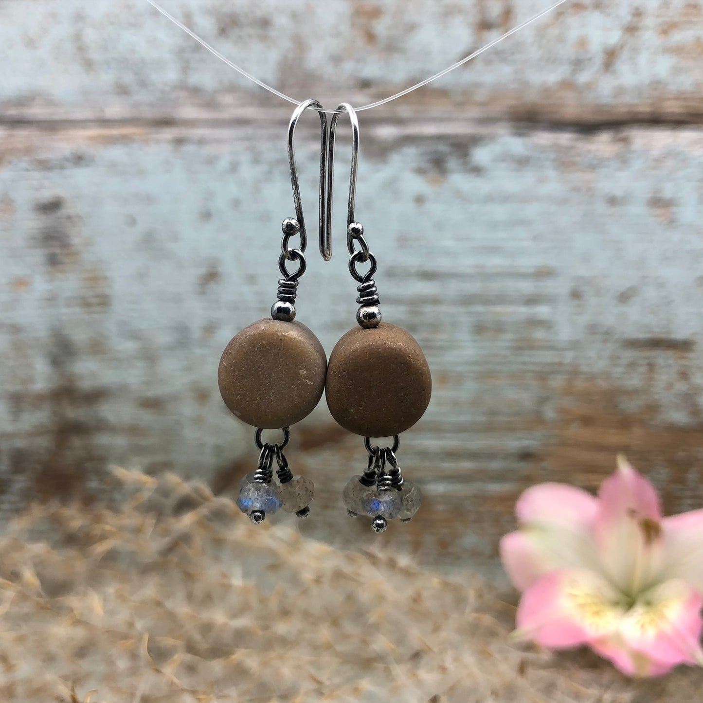 Brown Timbit* Beach Stone Earrings with Labradorite Bead Drops