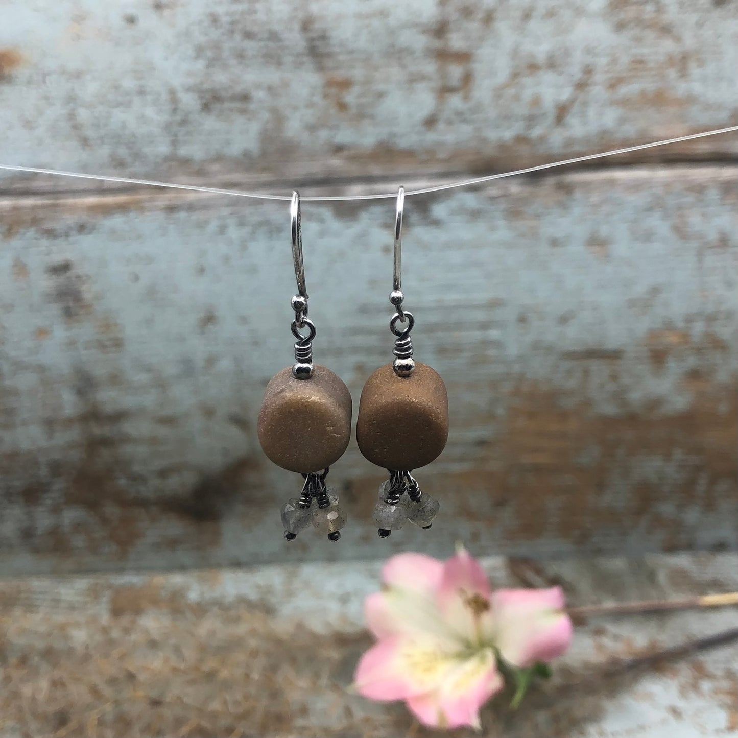 Brown Timbit* Beach Stone Earrings with Labradorite Bead Drops