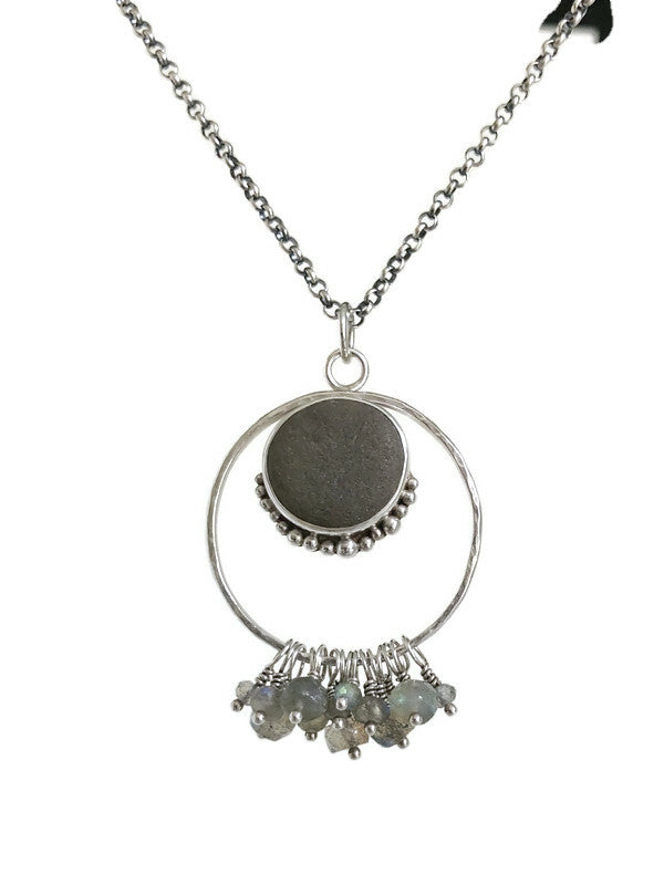 Circle Chandelier Pendant- Sterling Silver, Beach Stone & Labradorite