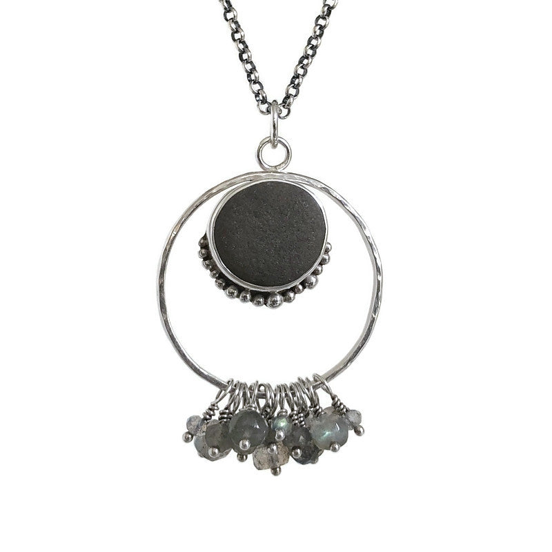 Circle Chandelier Pendant- Sterling Silver, Beach Stone & Labradorite