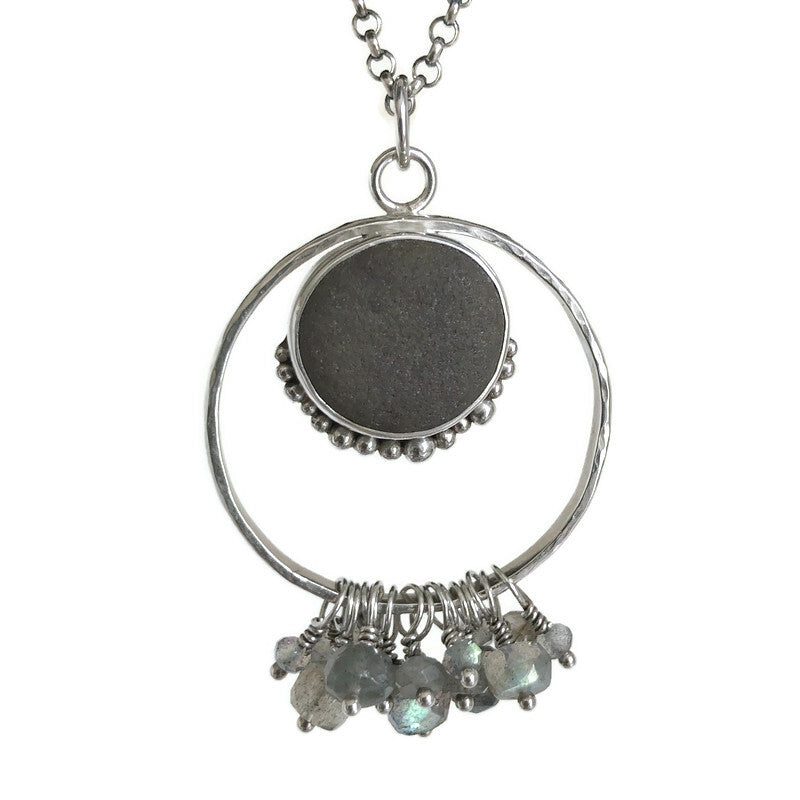 Circle Chandelier Pendant- Sterling Silver, Beach Stone & Labradorite