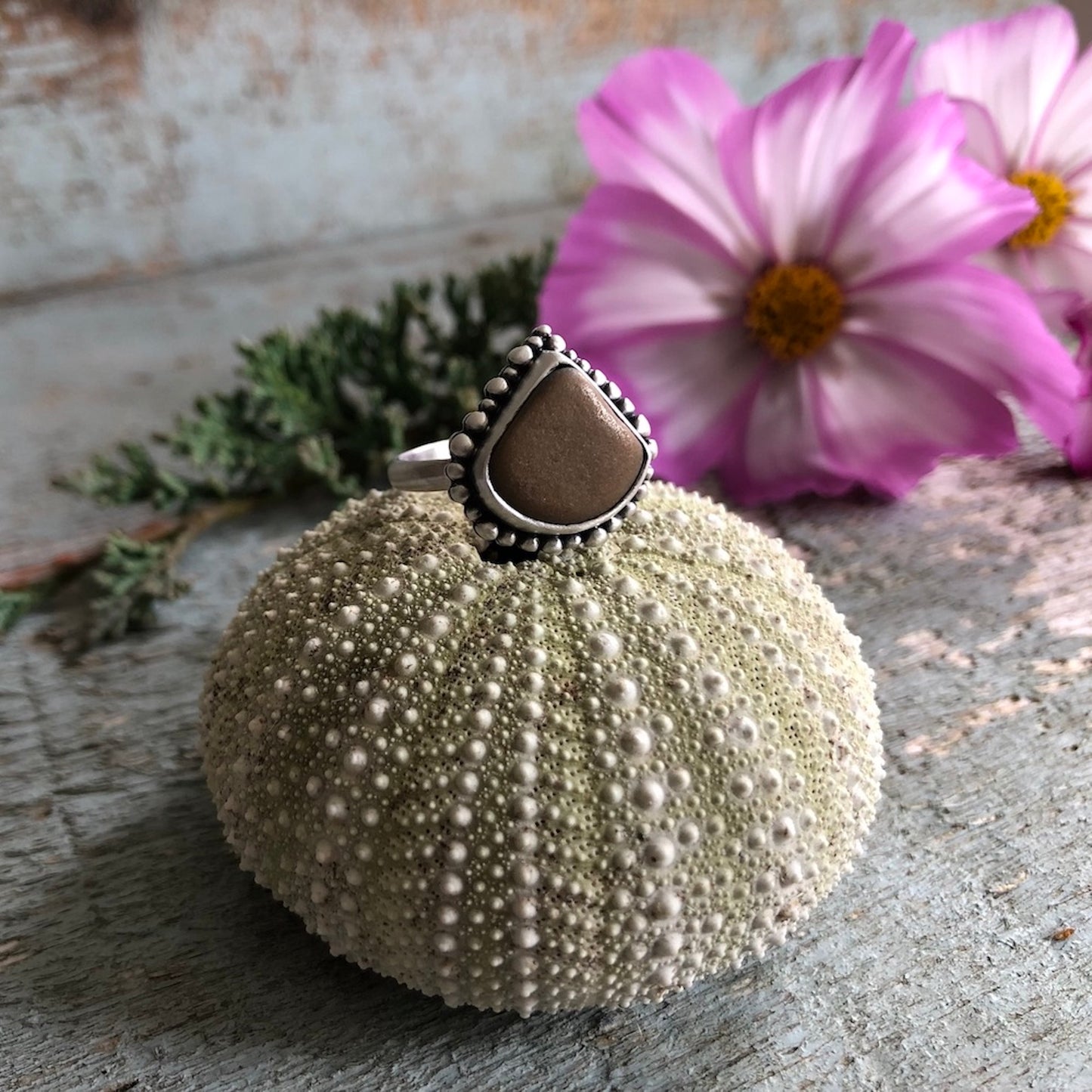 Sterling Silver Ring with Triangular Beach Stone & Granulation Detail