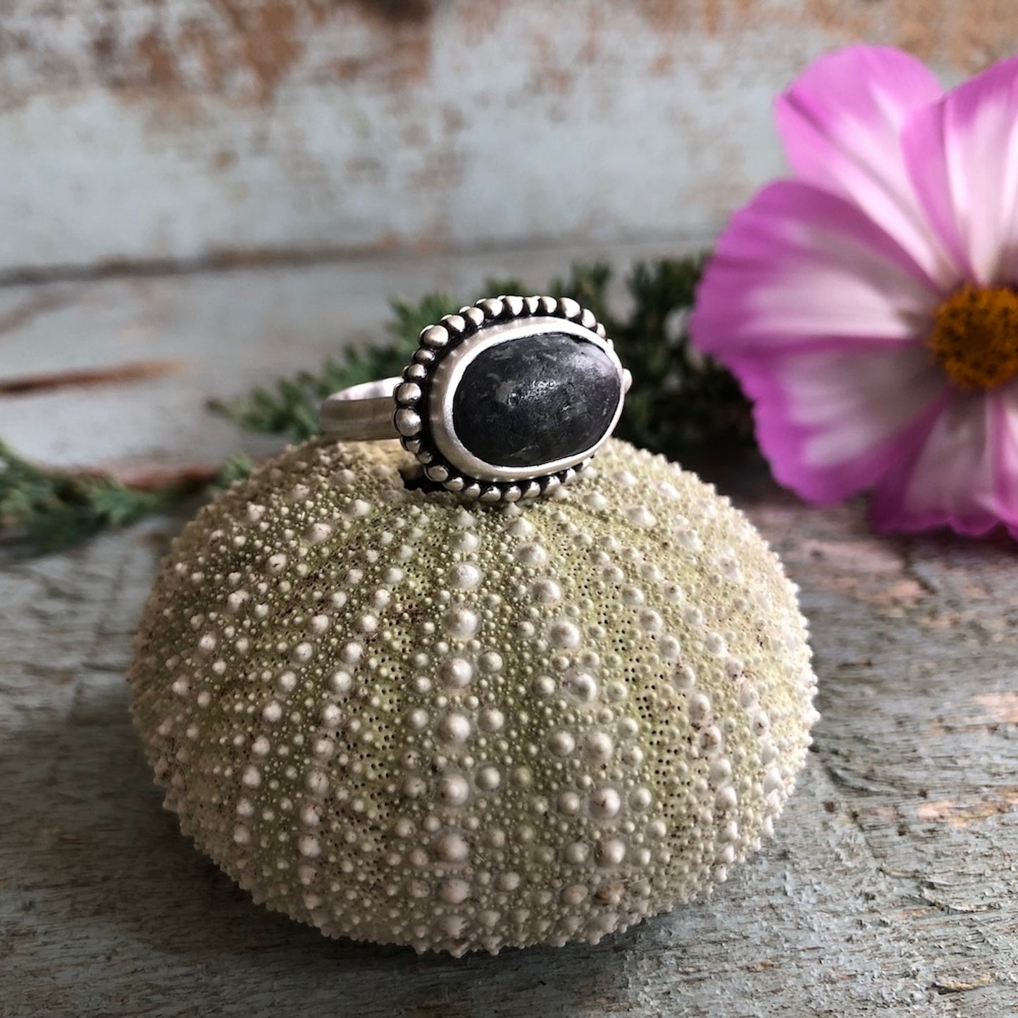 Sterling Silver Ring with Oval Beach Stone & Granulation Detail