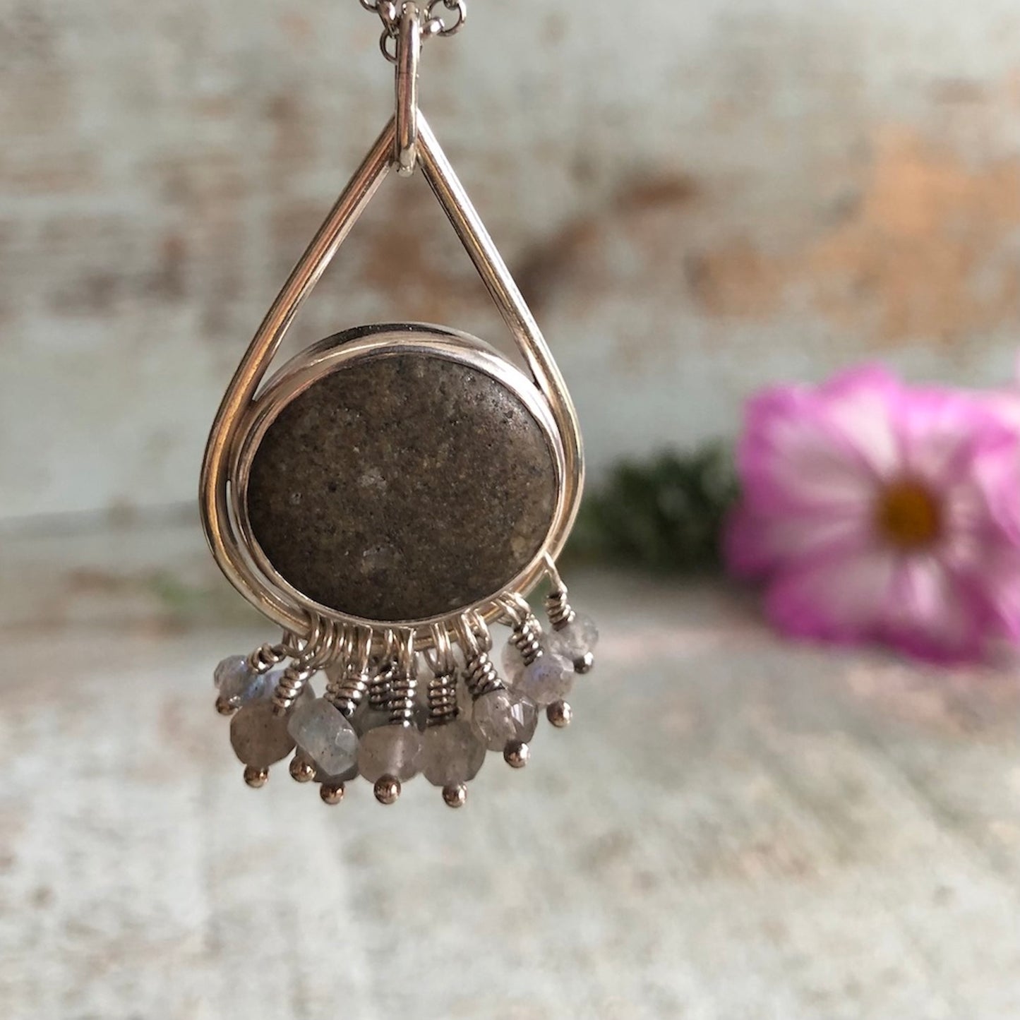 Teardrop Chandelier Pendant- Sterling Silver, Beach Stone & Labradorite