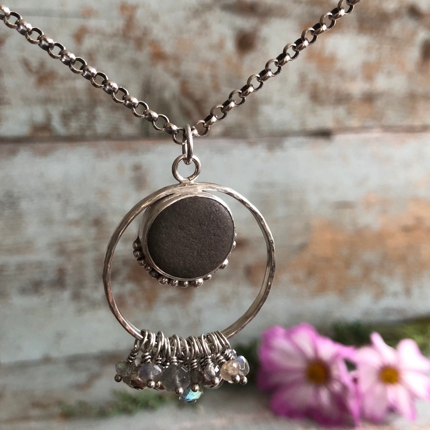 Circle Chandelier Pendant- Sterling Silver, Beach Stone & Labradorite