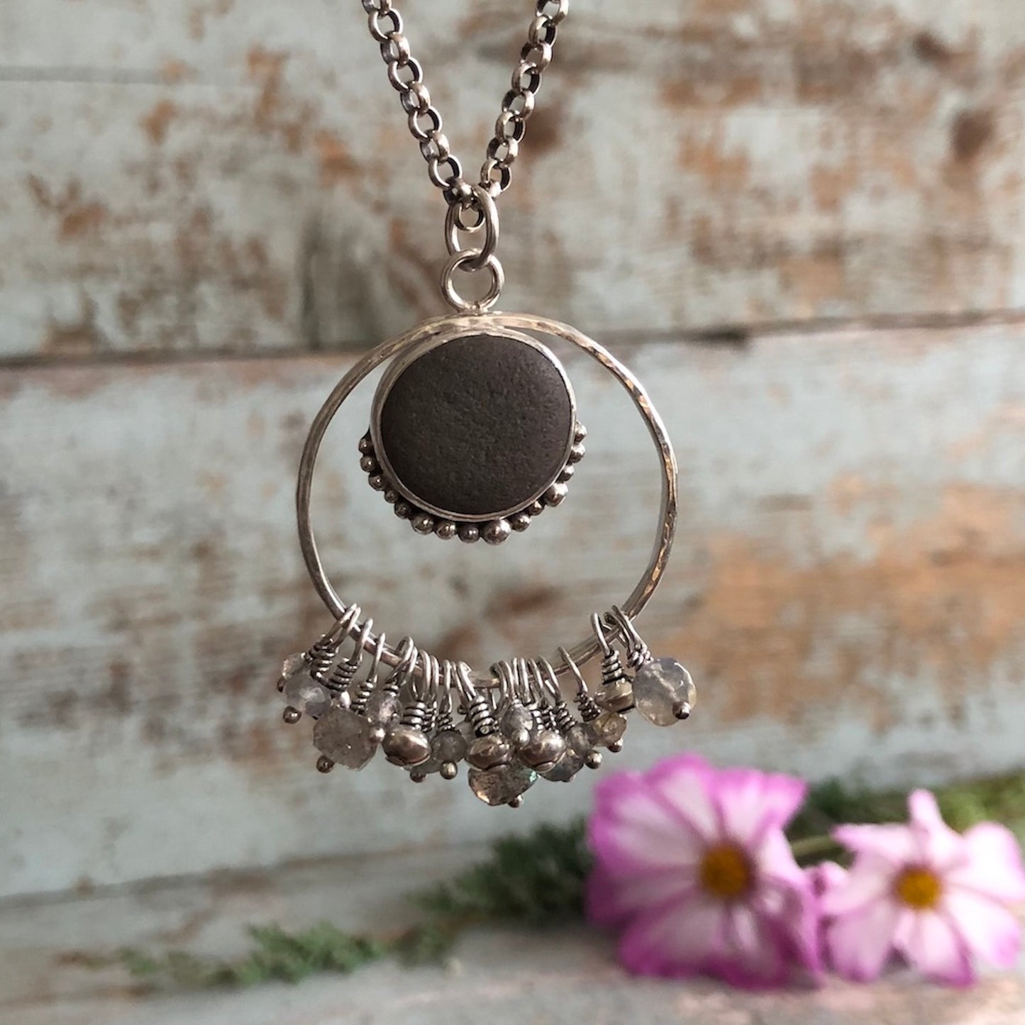 Circle Chandelier Pendant- Sterling Silver, Beach Stone & Labradorite