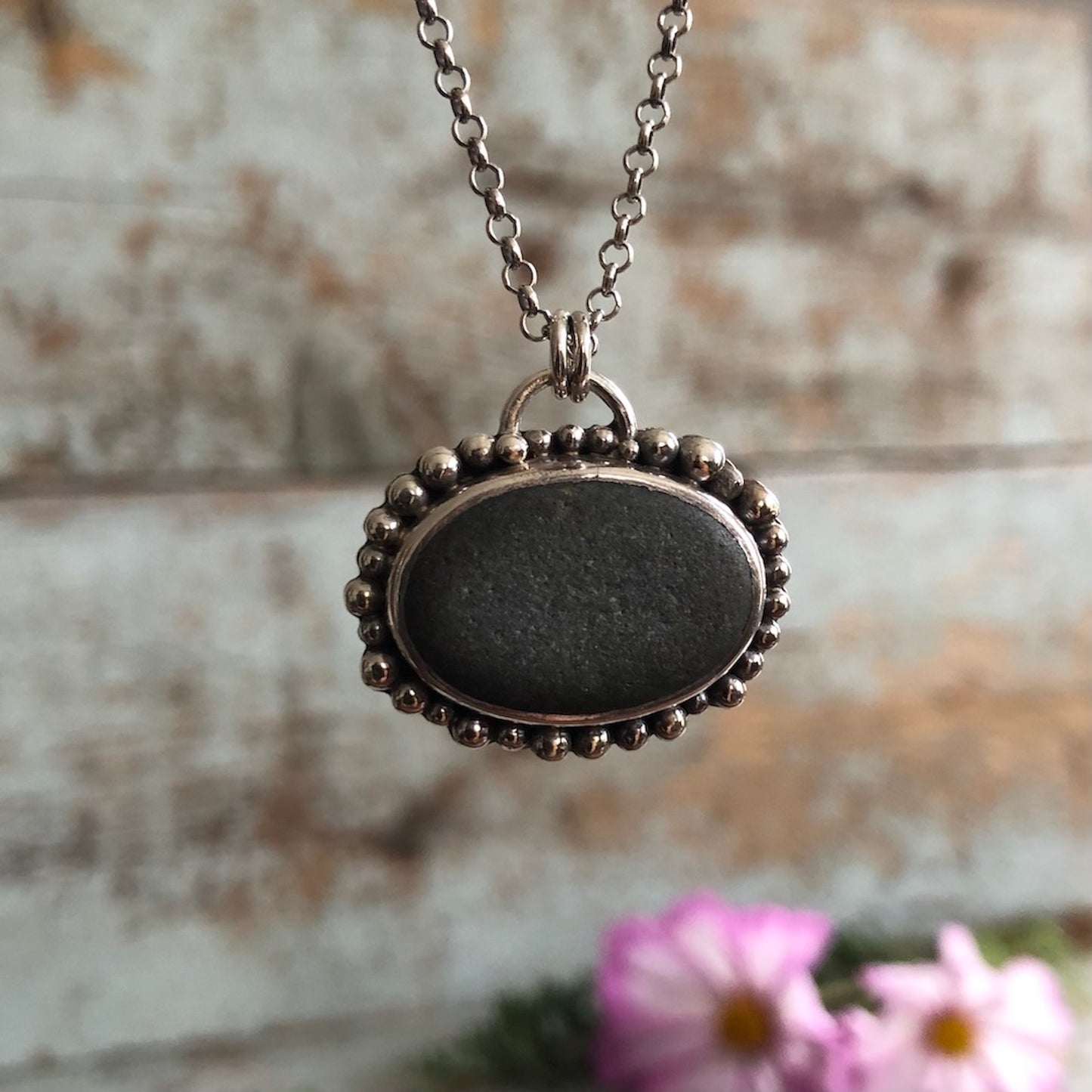 Sterling Silver & Oval Beach Stone Pendant (med)