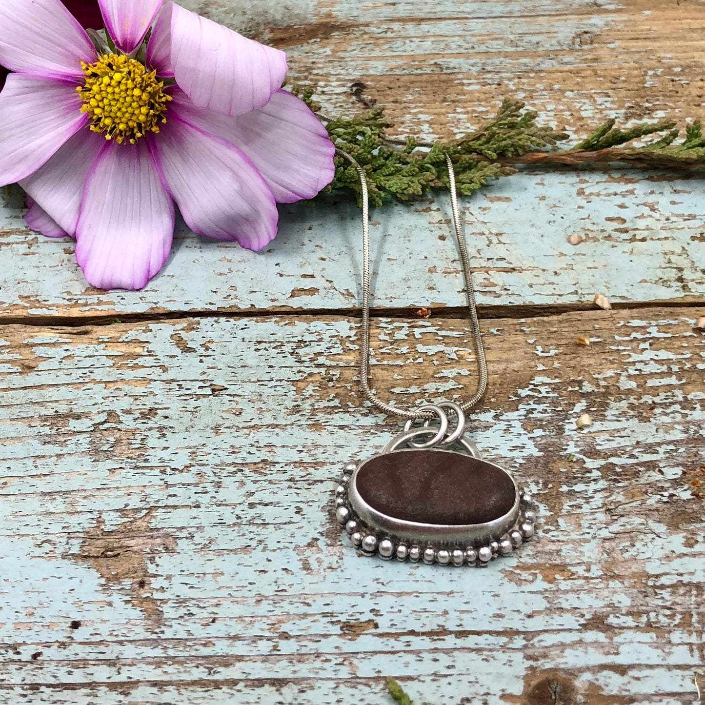 Coffee Brown Beach Stone Set in Sterling Silver, Detailed With Granulation