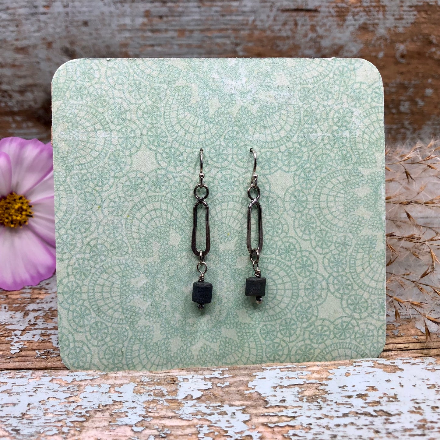 Dainty Oval Dangle with Beach Stone Beaded Drop