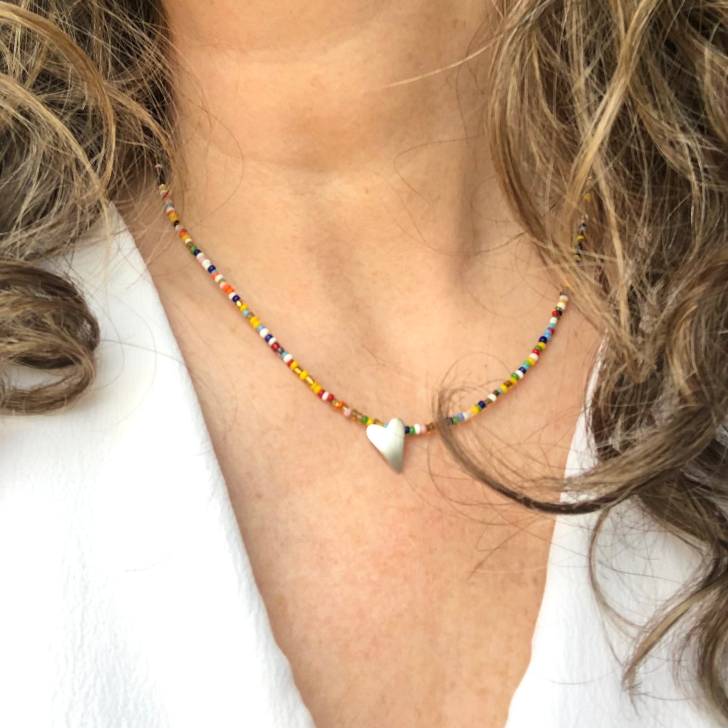 Multi Color Mini Seed Bead Necklace With Sterling Silver Heart Pendant