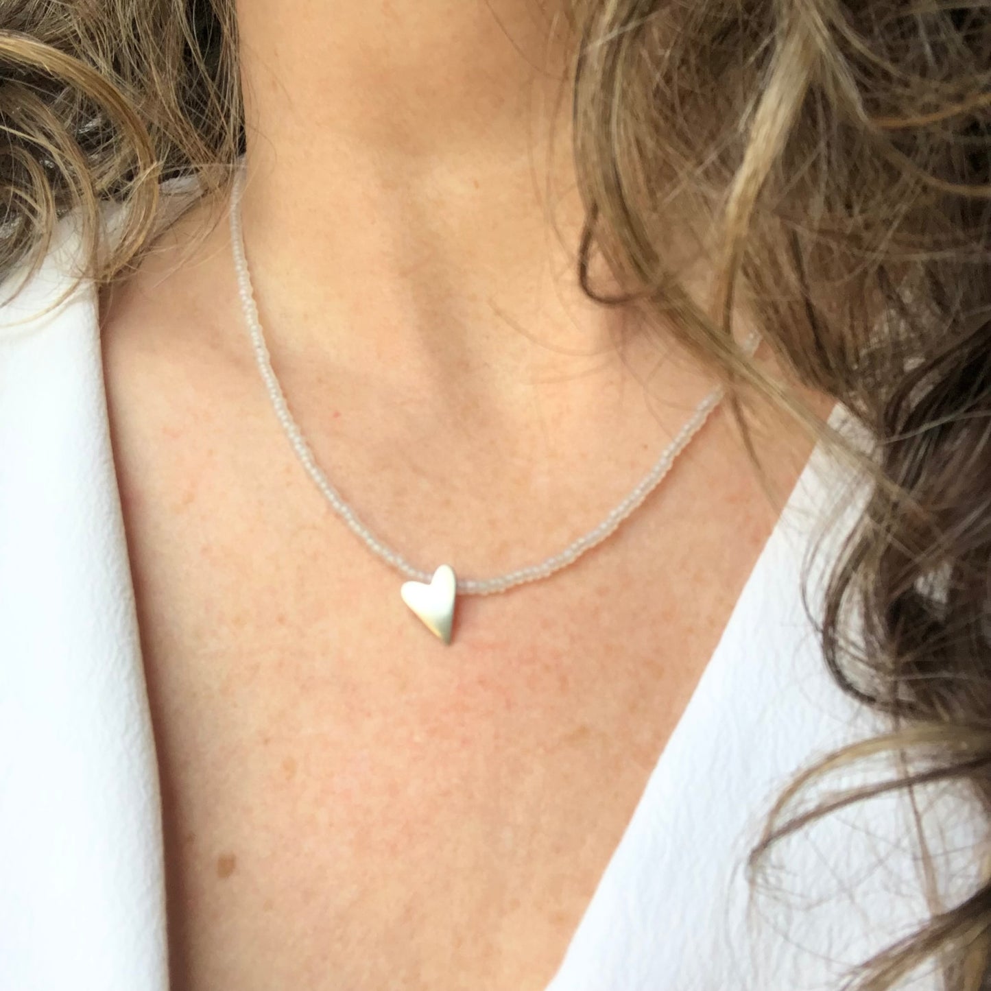 Frosted White Seed Bead Necklace With Sterling Silver Heart Pendant