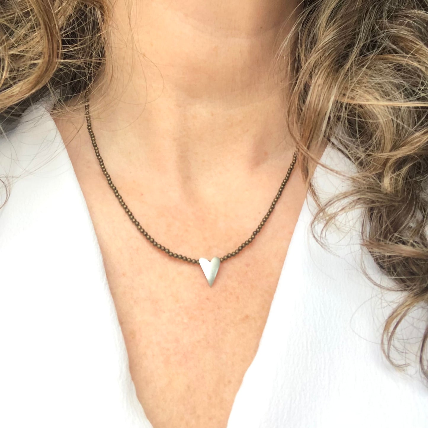 Brass Seed Bead Necklace With Sterling Silver Heart Pendant