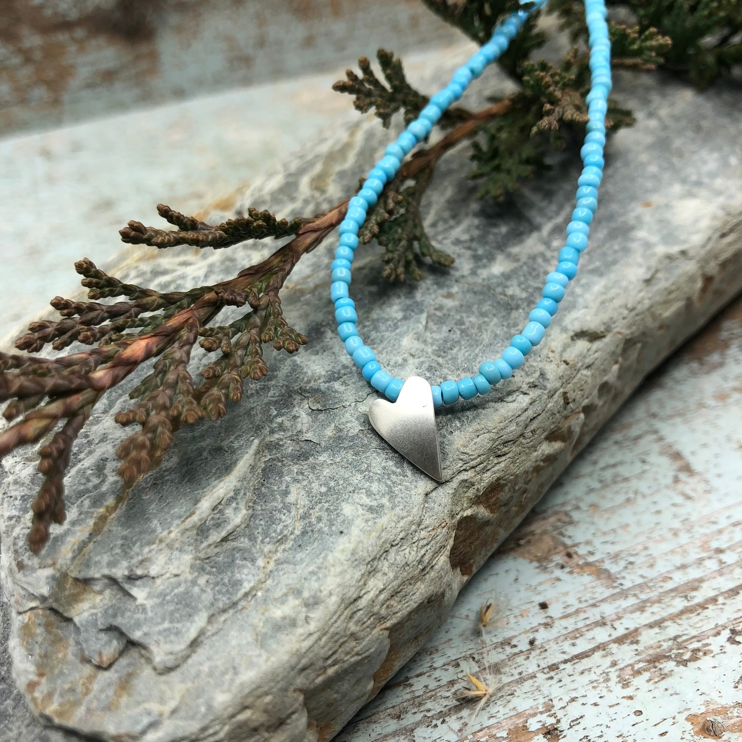 Turquoise Seed Bead Necklace With Sterling Silver Heart Pendant