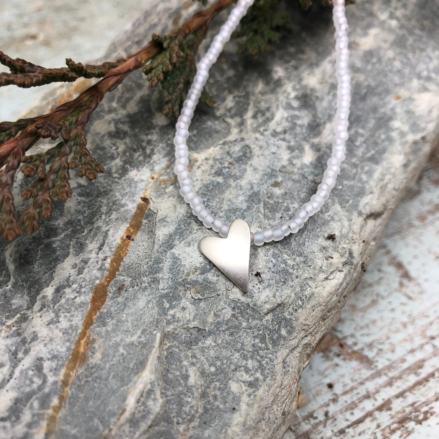 Frosted White Seed Bead Necklace With Sterling Silver Heart Pendant