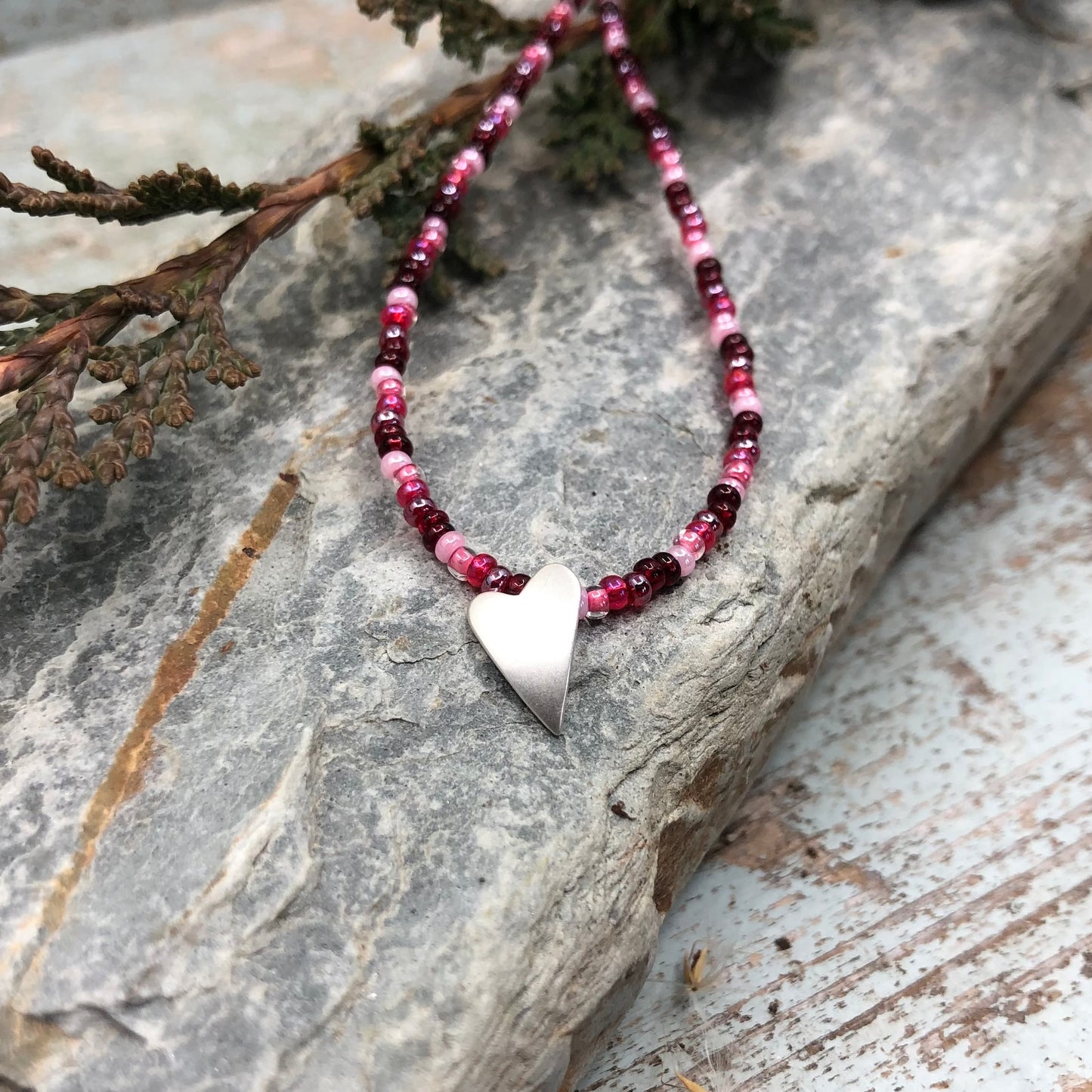 Red Ombre Seed Bead Necklace With Sterling Silver Heart Pendant
