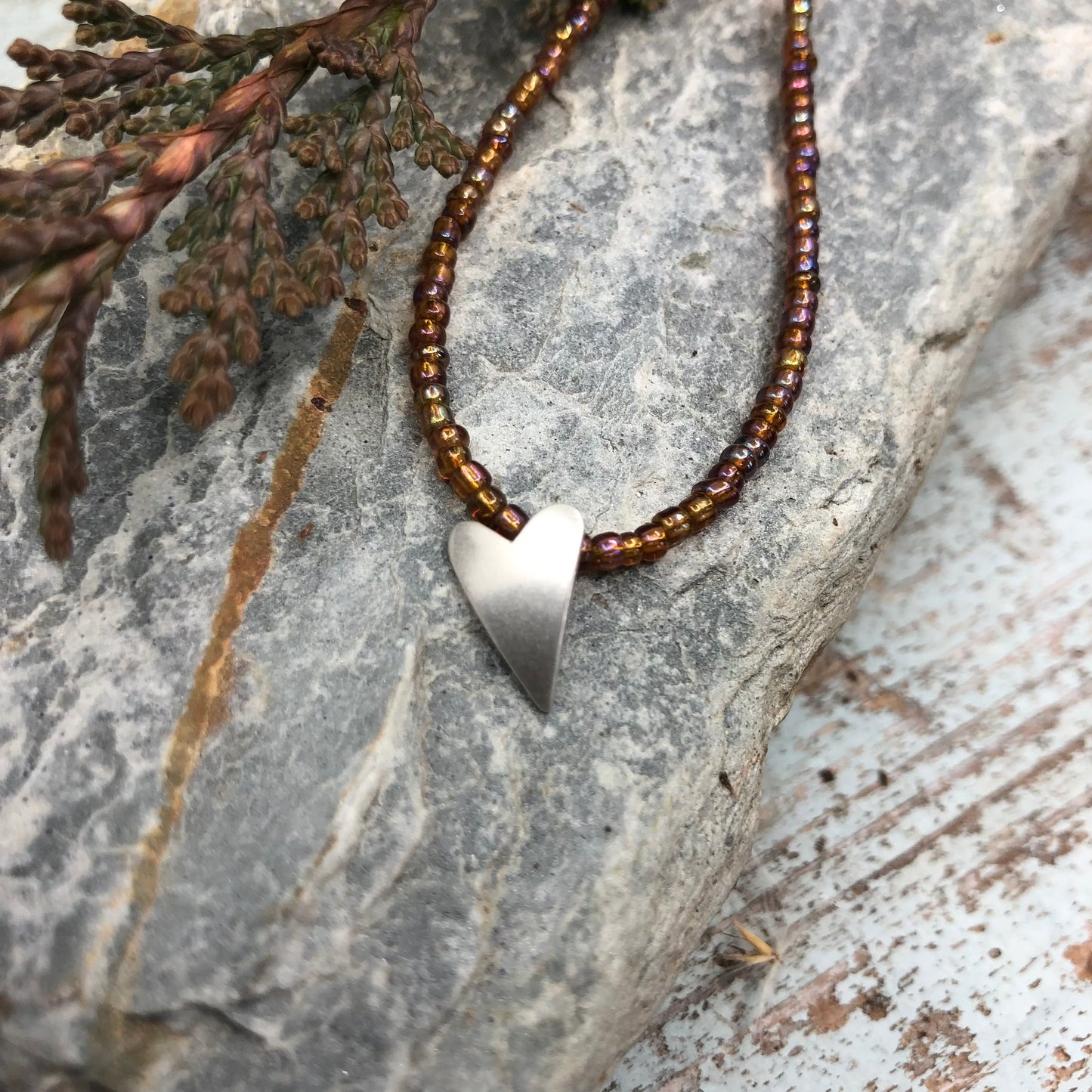 Rainbow Rootbeer Seed Bead Necklace With Sterling Silver Heart Pendant