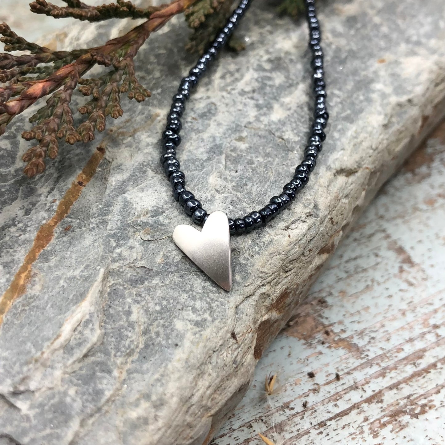 Gunmetal Seed Bead Necklace With Sterling Silver Heart Pendant