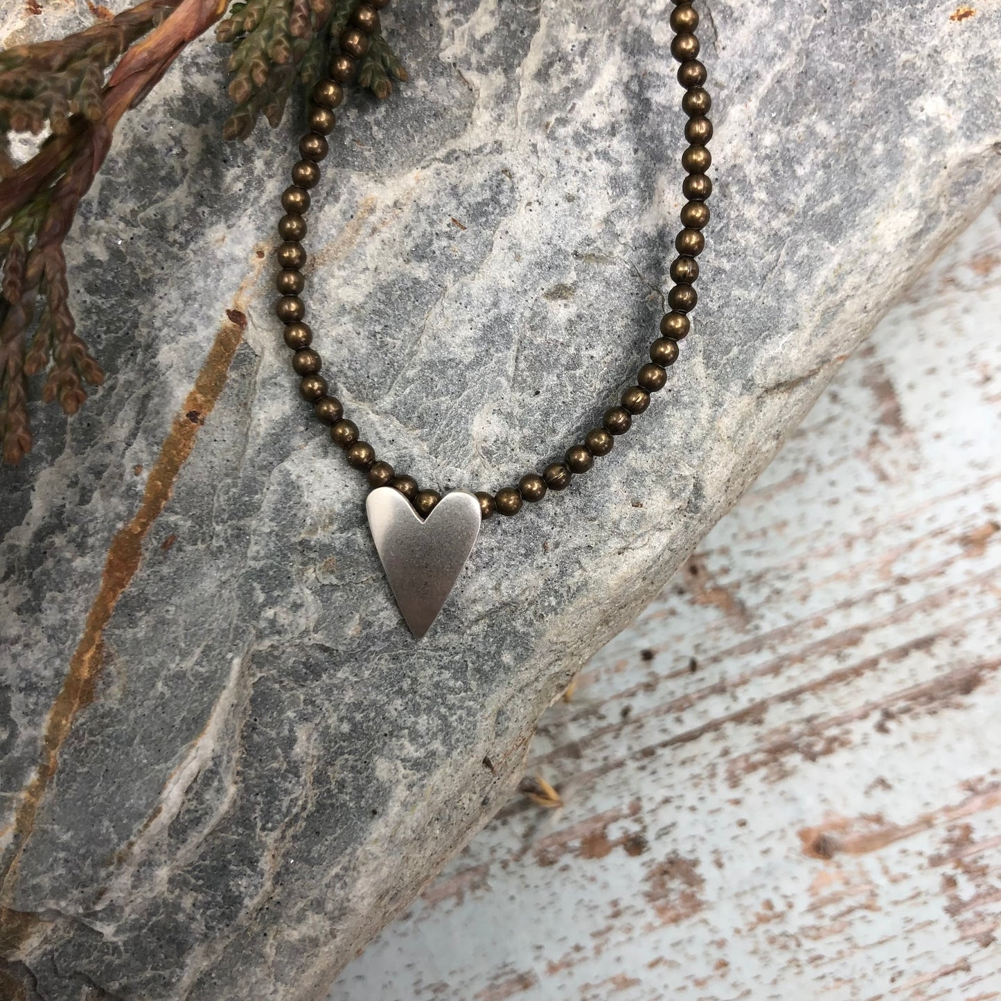 Brass Seed Bead Necklace With Sterling Silver Heart Pendant