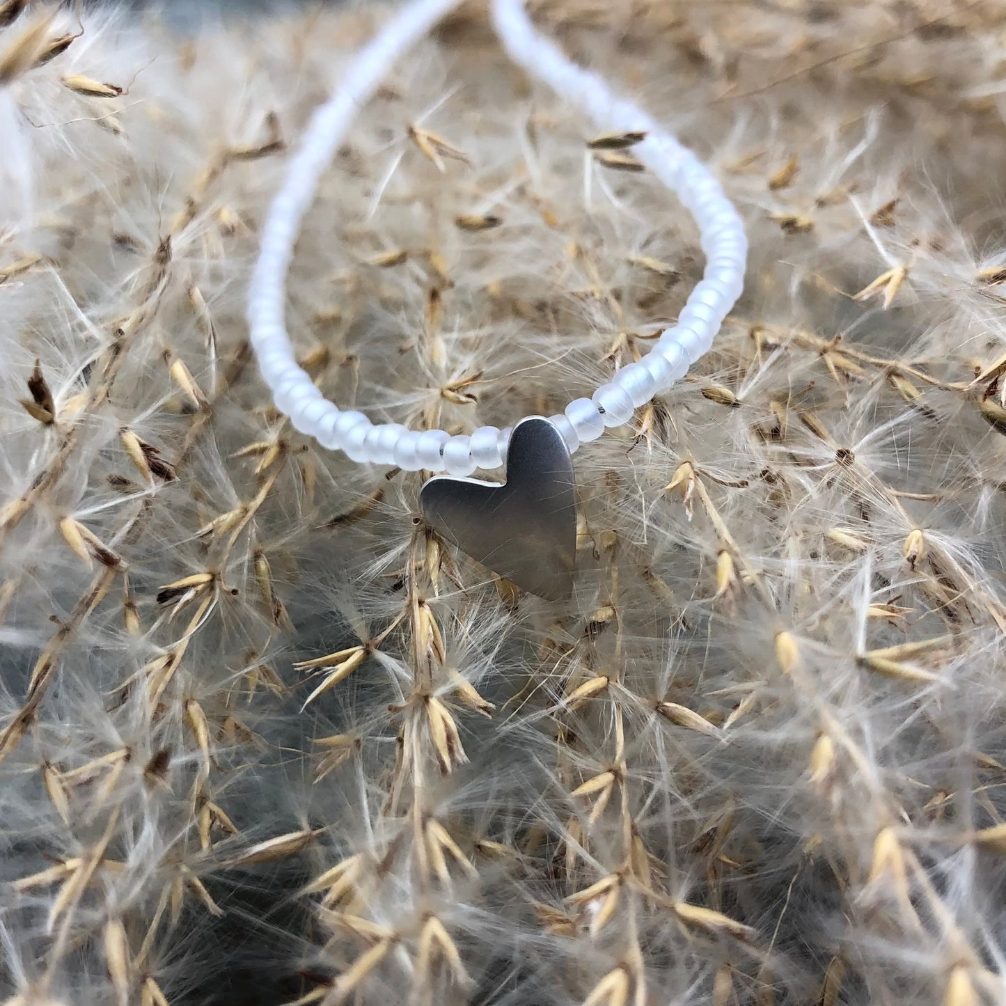 Frosted White Seed Bead Necklace With Sterling Silver Heart Pendant