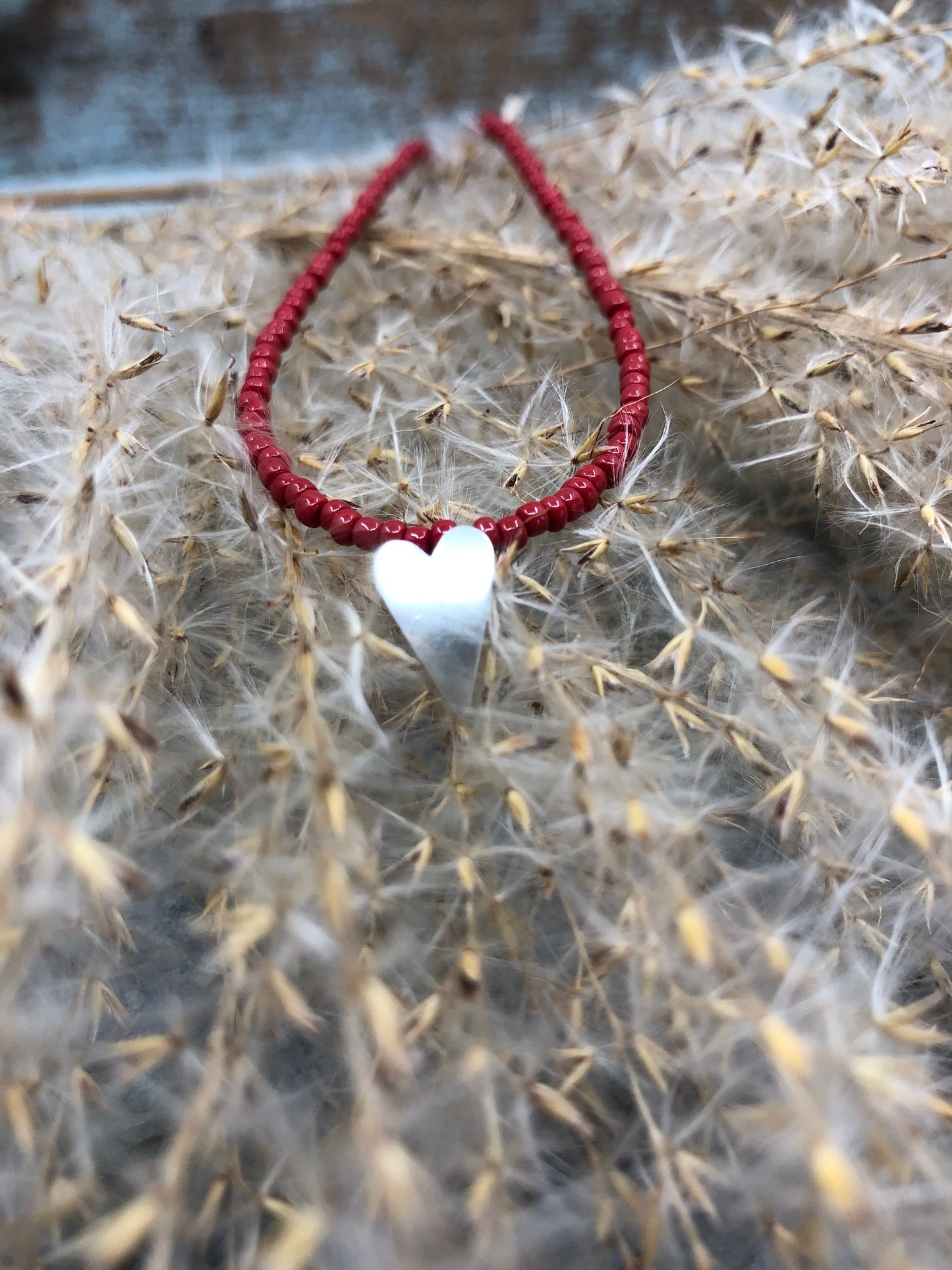 Red Seed Bead Necklace With Sterling Silver Heart Pendant