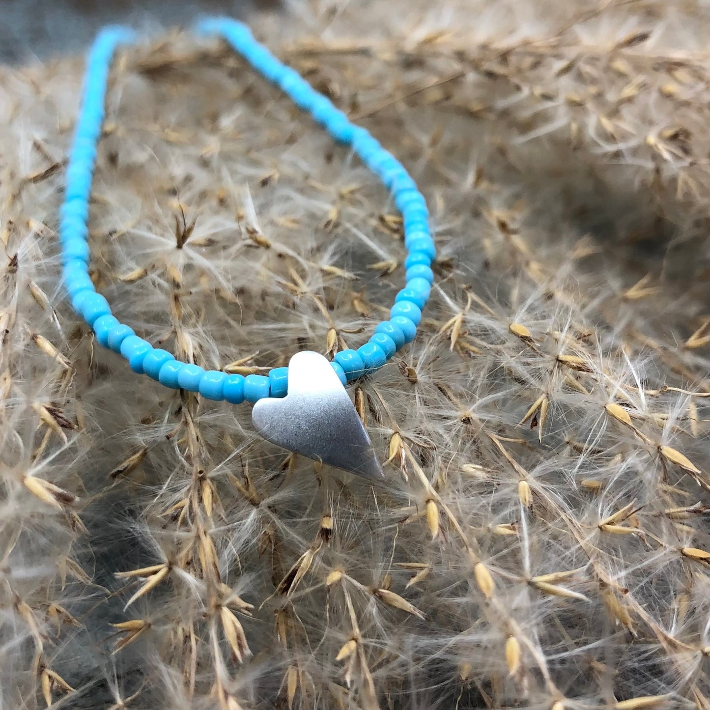 Turquoise Seed Bead Necklace With Sterling Silver Heart Pendant