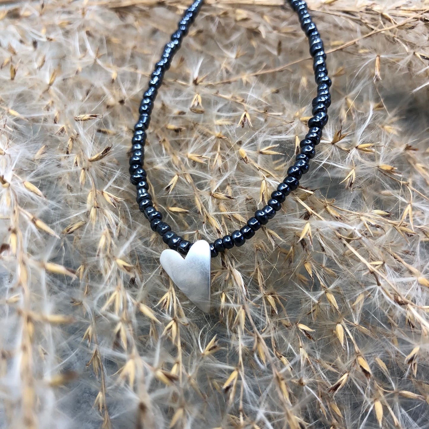 Gunmetal Seed Bead Necklace With Sterling Silver Heart Pendant