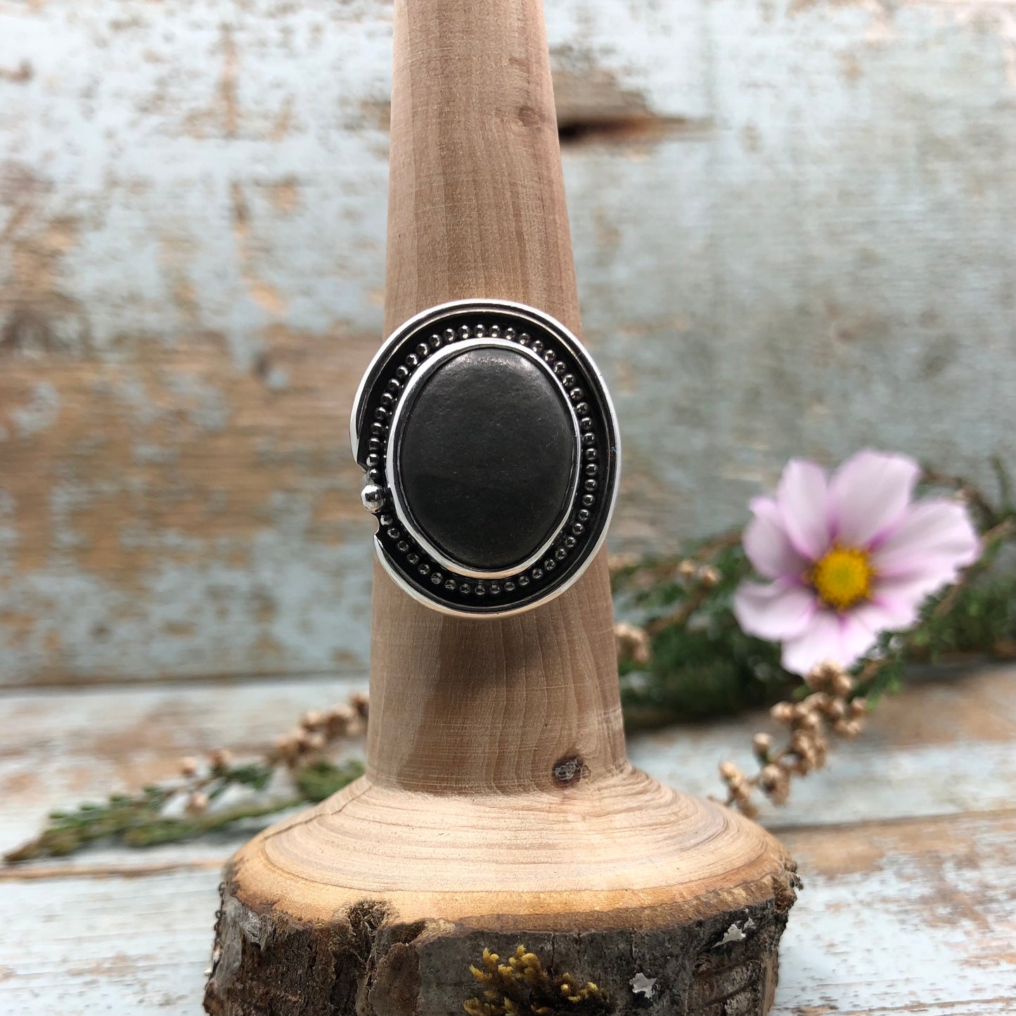 Large Sterling Silver Ring with Beach Stone & Mini Beaded Detail