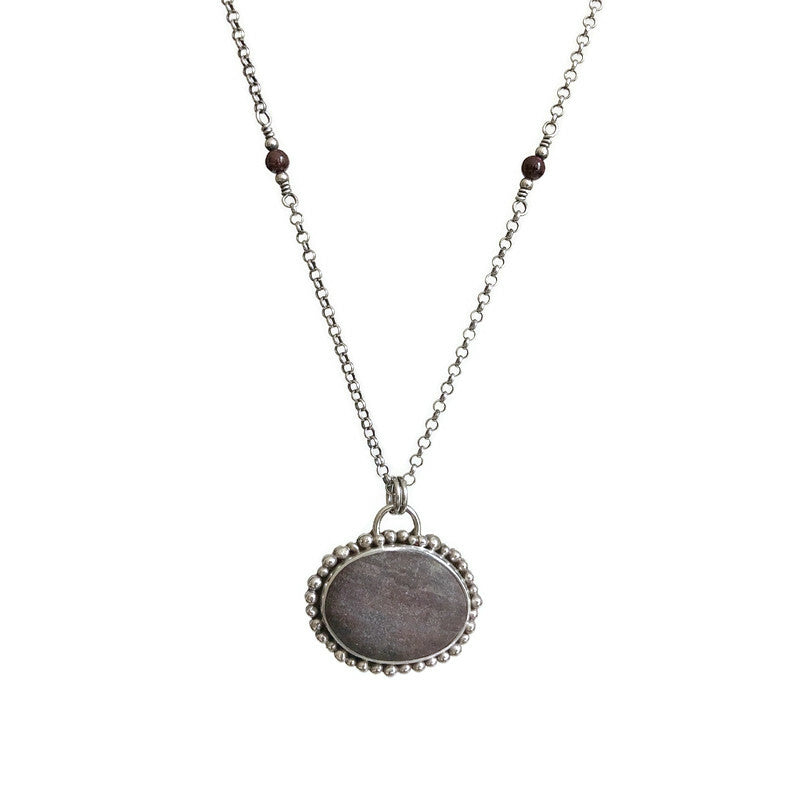 Sterling Silver & Burgundy/ Purple Beach Stone Pendant with Garnet Accent