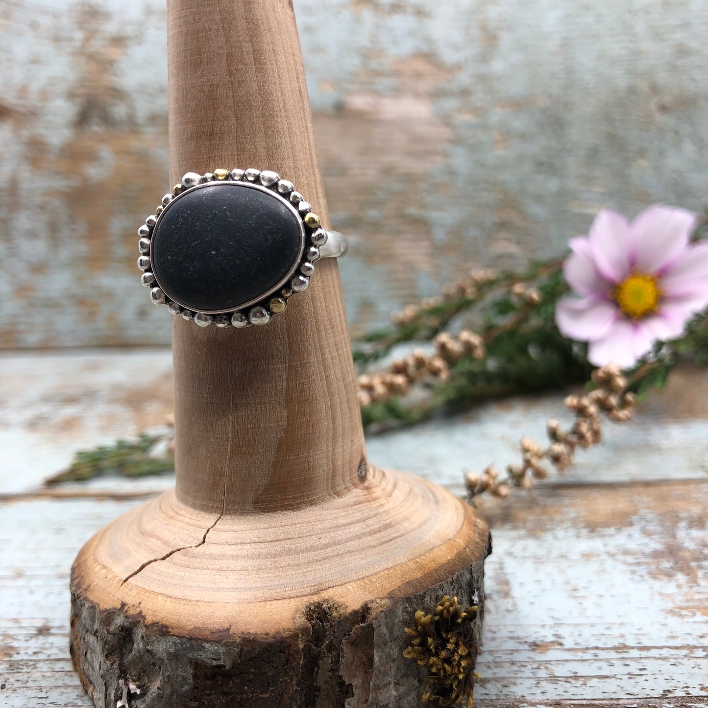 Sterling Silver Ring with Beach Stone and Granulation Detail, medium