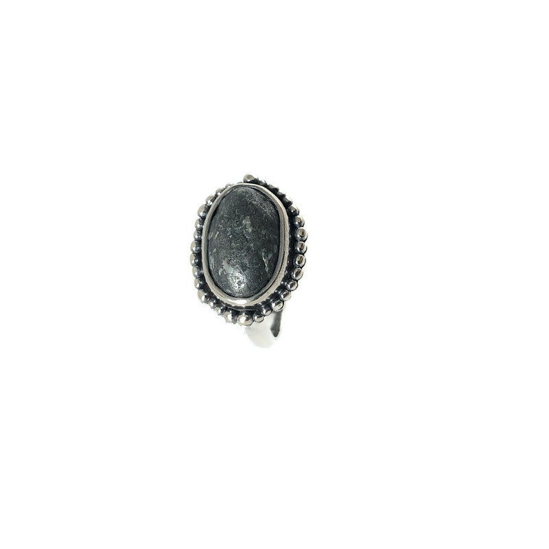 Sterling Silver Ring with Oval Beach Stone & Granulation Detail