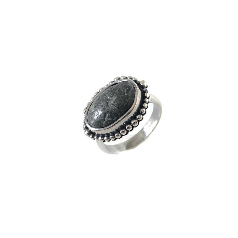 Sterling Silver Ring with Oval Beach Stone & Granulation Detail