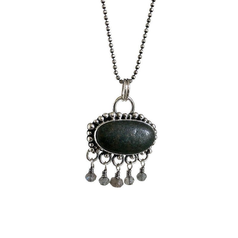 Chandelier Sterling Silver & Oval Beach Stone Pendant with Labradorite