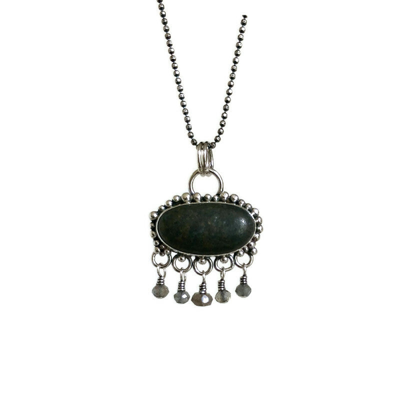 Chandelier Sterling Silver & Oval Beach Stone Pendant with Labradorite
