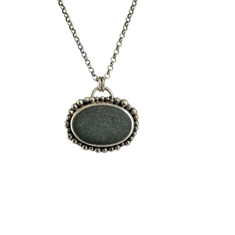 Sterling Silver & Oval Beach Stone Pendant (med)
