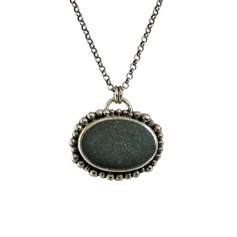 Sterling Silver & Oval Beach Stone Pendant (med)