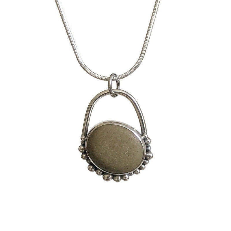 Sterling Silver and Smooth Beach Stone Pendant with Granulation