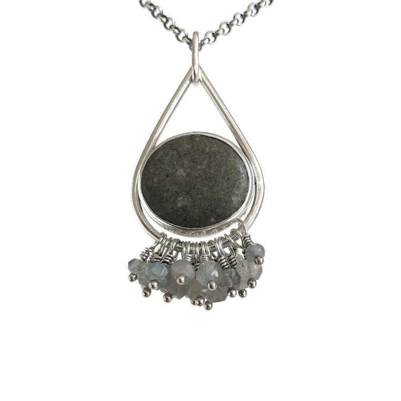 Teardrop Chandelier Pendant- Sterling Silver, Beach Stone & Labradorite
