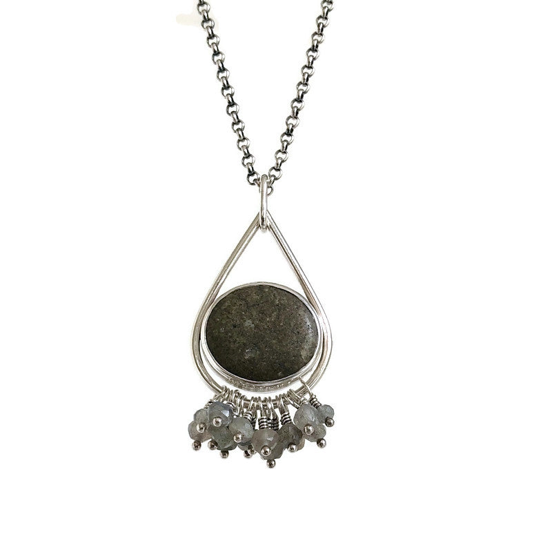 Teardrop Chandelier Pendant- Sterling Silver, Beach Stone & Labradorite