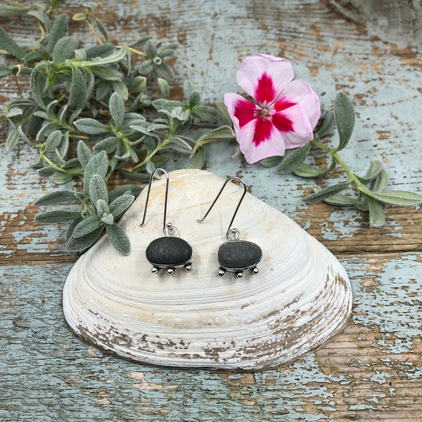 Simple Beach Stone Earrings with Granule Trio Detailing