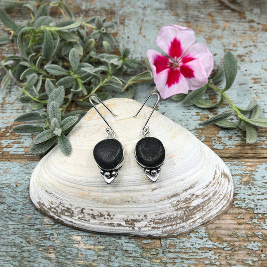 Beach Stone set in Sterling Silver with Spade Detail, Earrings