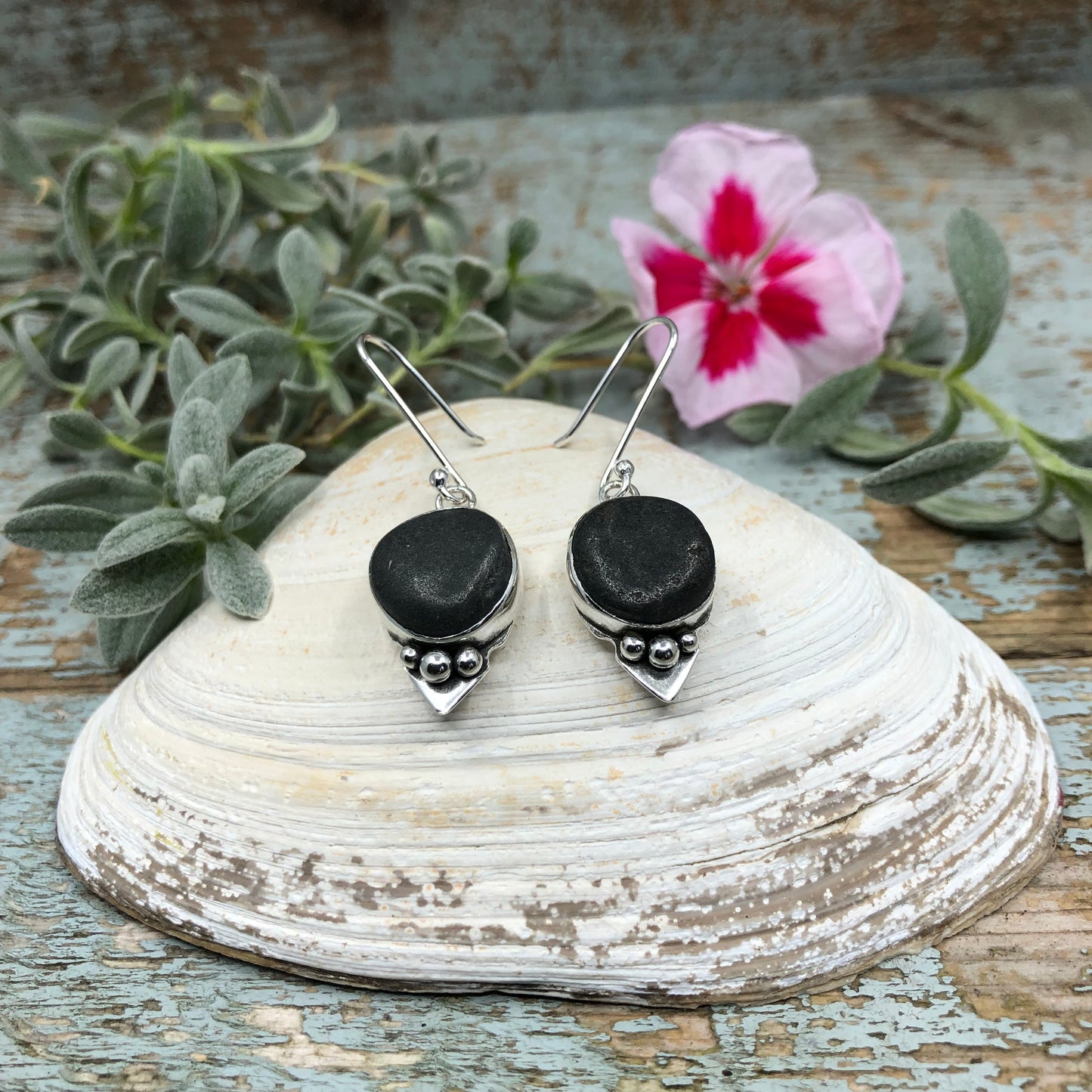 Beach Stone set in Sterling Silver with Spade Detail, Earrings