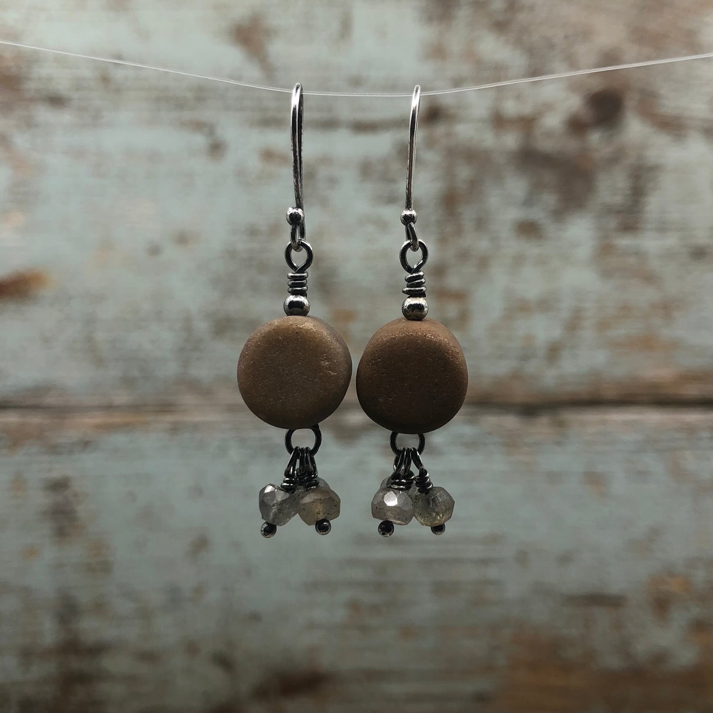 Brown Timbit* Beach Stone Earrings with Labradorite Bead Drops