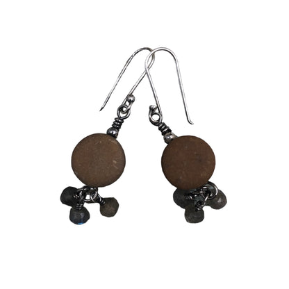 Brown Timbit* Beach Stone Earrings with Labradorite Bead Drops