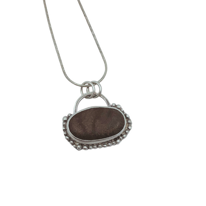 Coffee Brown Beach Stone Set in Sterling Silver, Detailed With Granulation