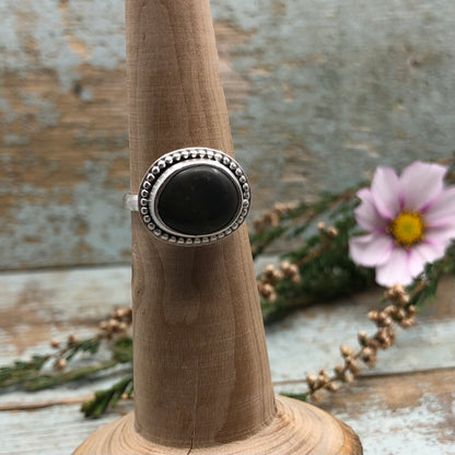 Dainty Sterling Silver Ring with Beach Stone & Beaded Detail