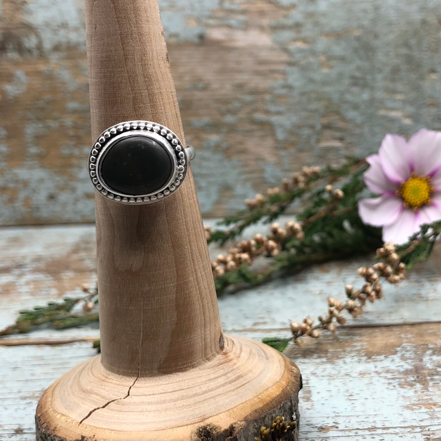 Dainty Sterling Silver Ring with Beach Stone & Beaded Detail