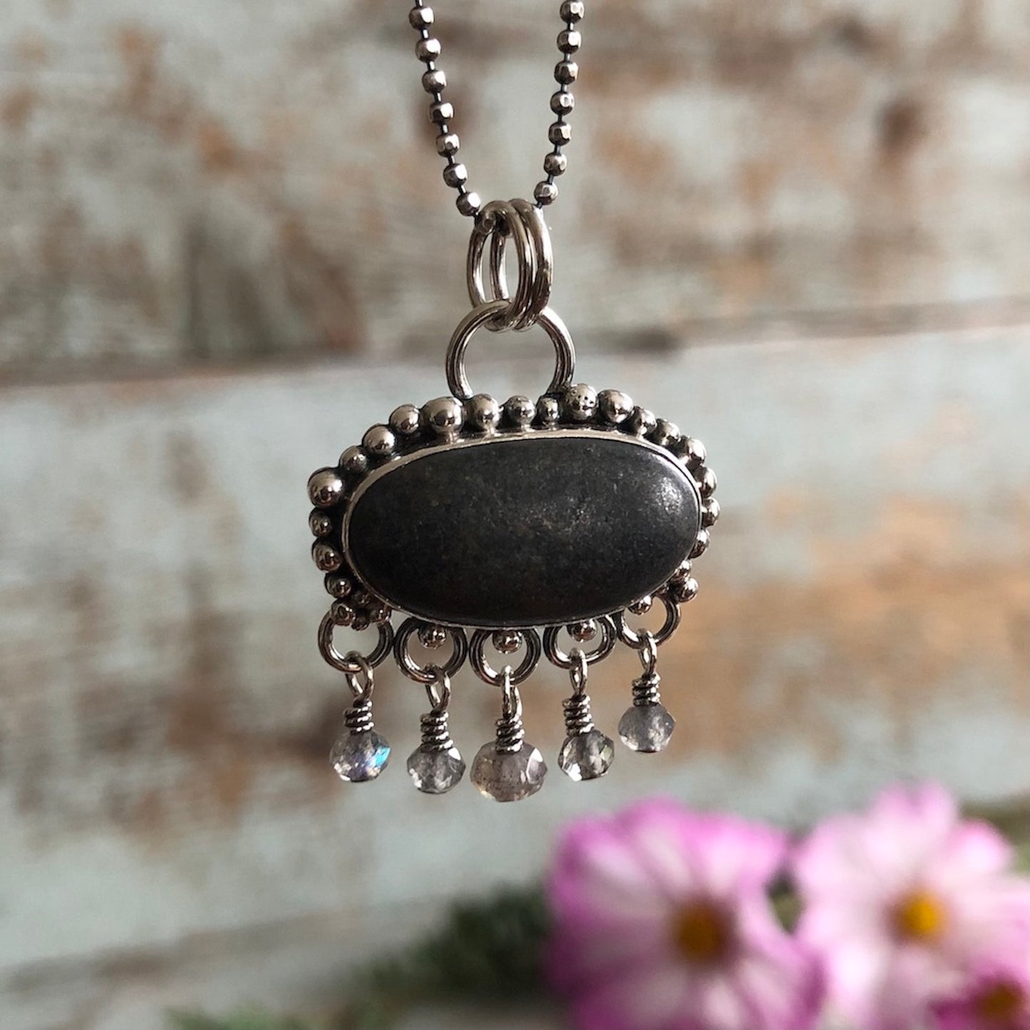 Chandelier Sterling Silver & Oval Beach Stone Pendant with Labradorite