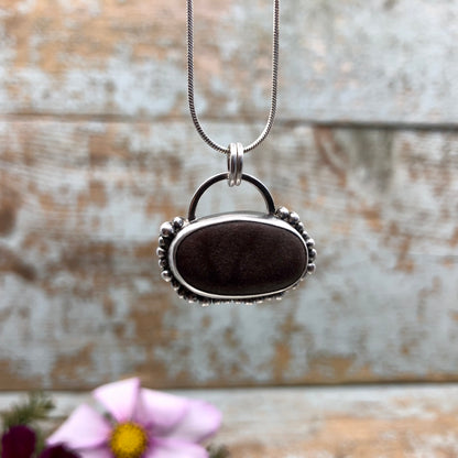 Coffee Brown Beach Stone Set in Sterling Silver, Detailed With Granulation
