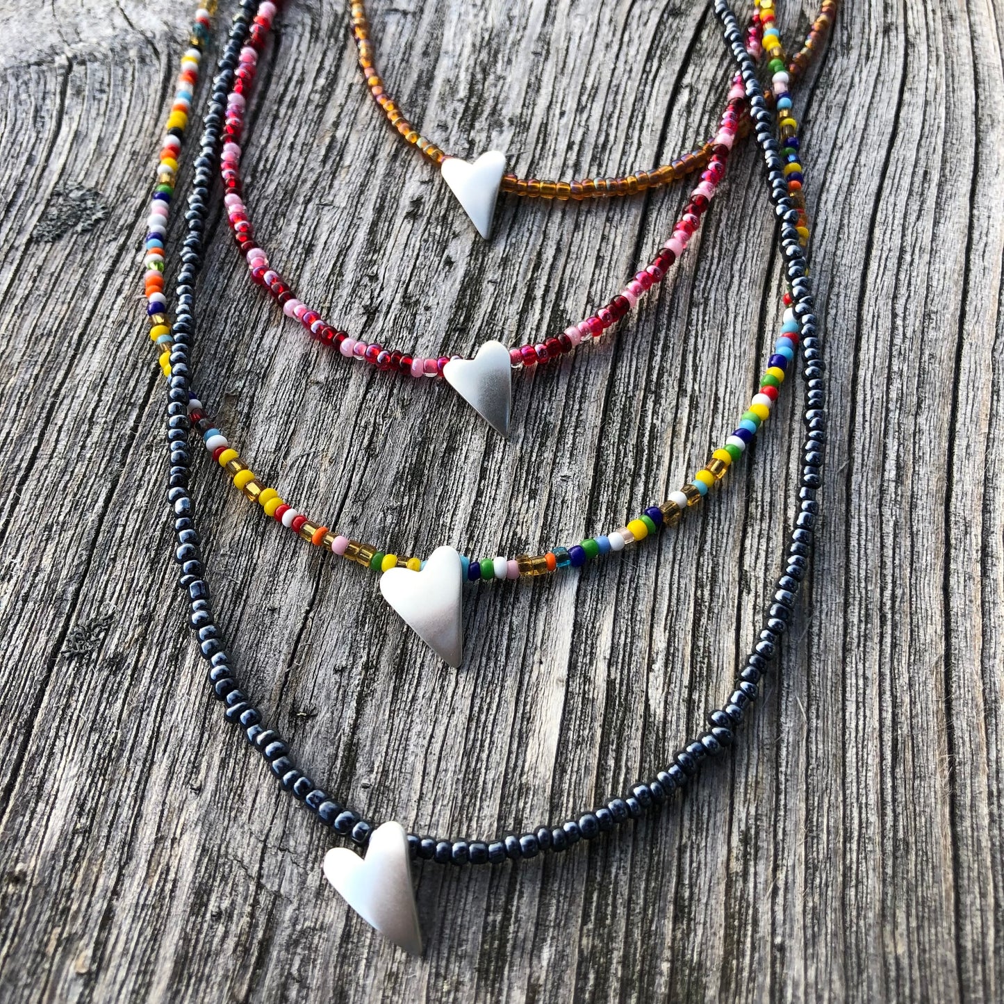 Rainbow Rootbeer Seed Bead Necklace With Sterling Silver Heart Pendant
